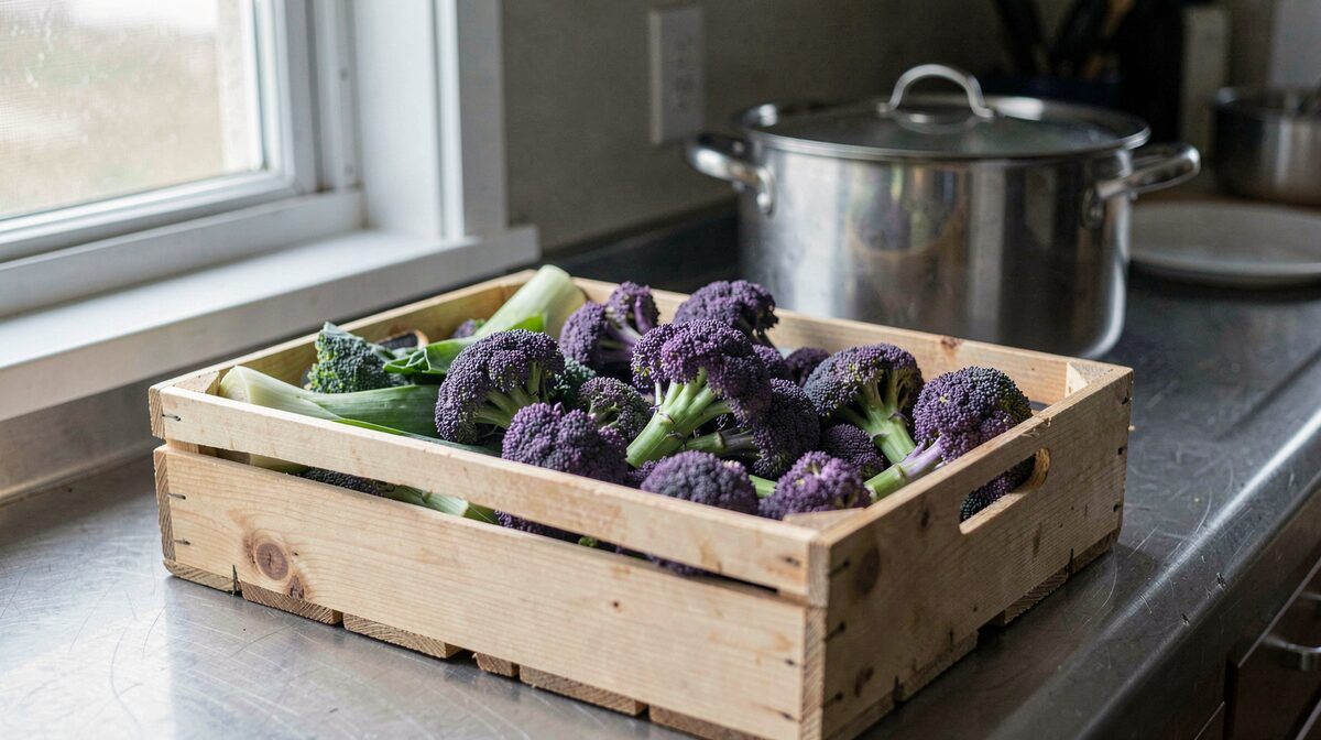 A wooden crate of purple sprouting broccoli and leeks on a stainless steel canteen counter, cold February morning light from a side window, shot at counter height with the crate in the foreground and a stockpot behind.
