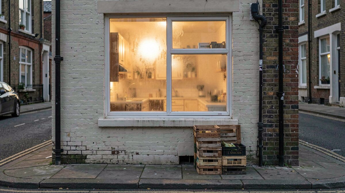 A ground-floor kitchen window on a terraced city street at dusk, warm light behind fogged glass, a stack of crates on the pavement below, shot straight on from the opposite kerb.