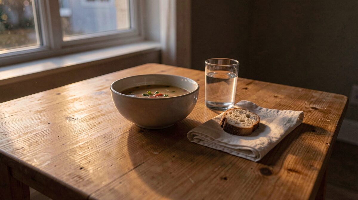 A plain wooden canteen table set for one at dusk, with a bowl of soup, a slice of bread, a glass of water and a folded napkin, warm light from a low window falling across the grain, shot from the side at table height.